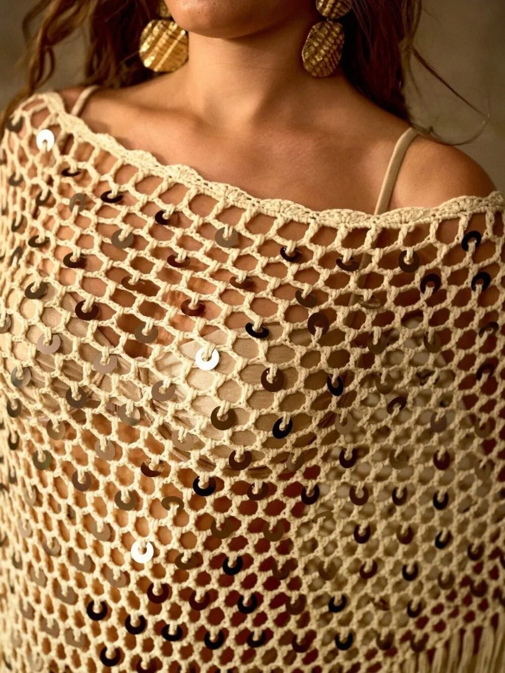 Apricot Women's Knitted Tassel Sequin Asymmetric Hem Vacation Cover-Up